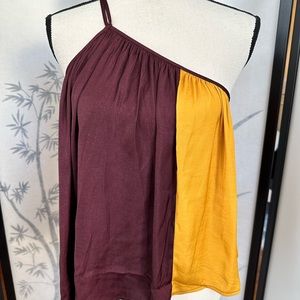 Banana Republic Spaghetti Strap One Shoulder Blouse Top, Med, Burgundy/Yellow